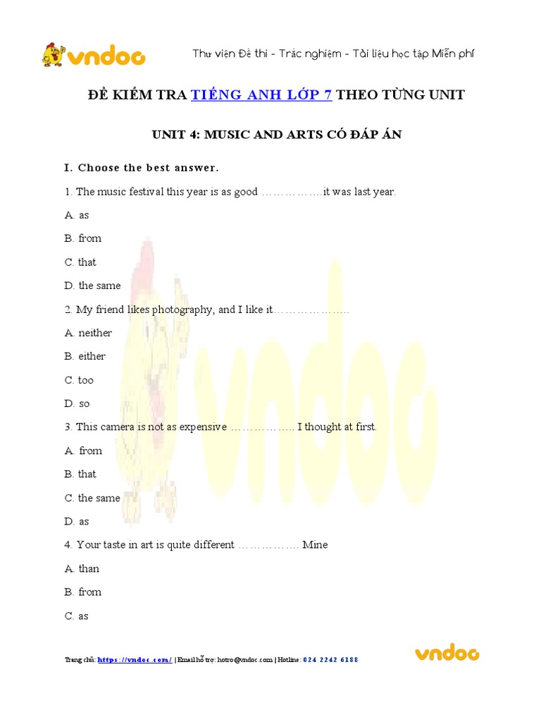 Bai Tap Tieng Anh 7 Unit 4 Music and Arts | PDF