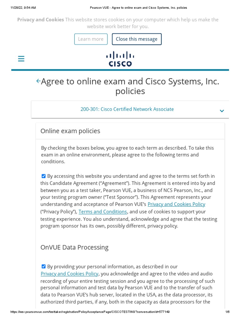 Pearson VUE Agree To Online Exam and Cisco Systems, Inc. Policies