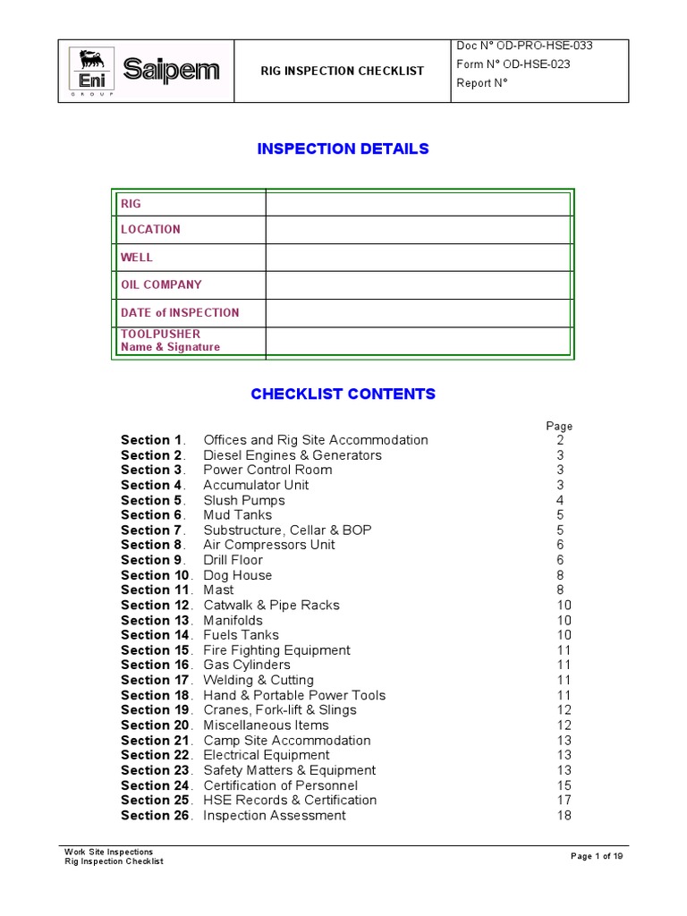Rig Inspection Checklist PDF Valve Ac Power Plugs And Sockets