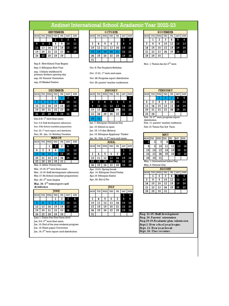 Andinet International School 2022-2023 Academic Calendar: Key Dates for
