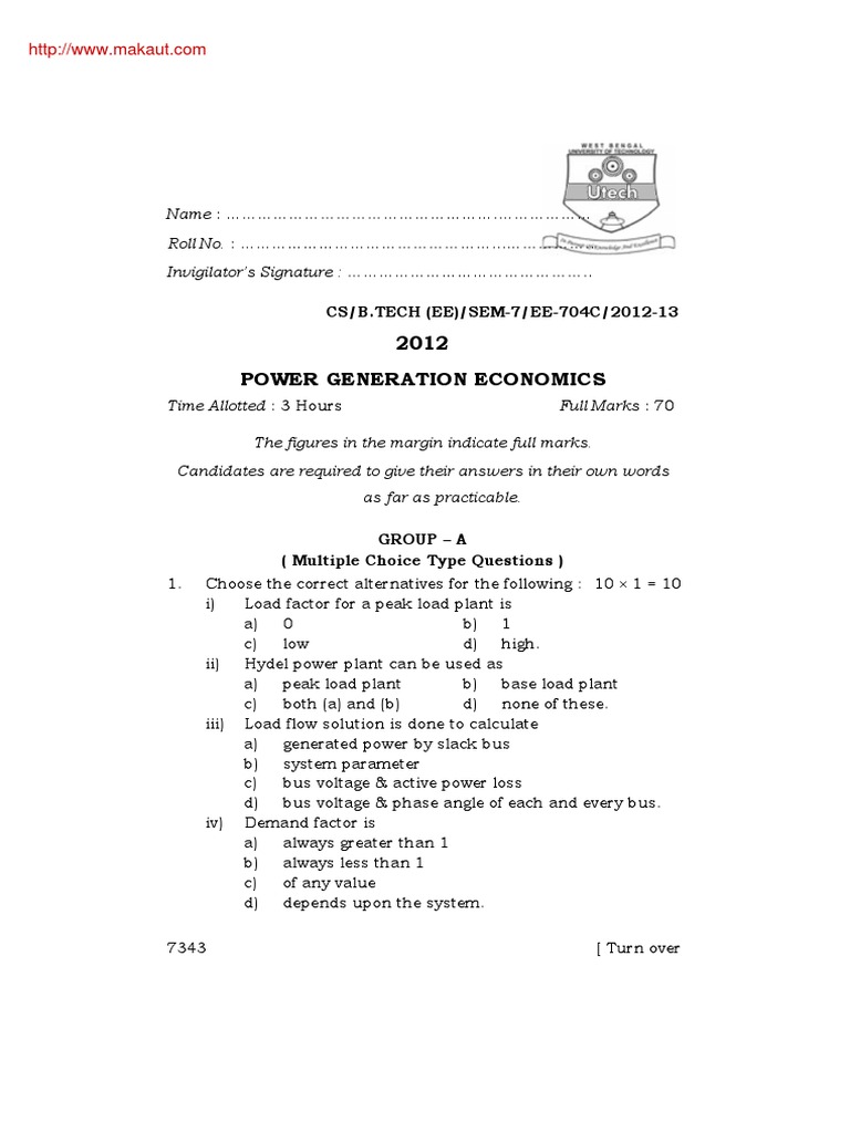 Btech Ee 7 Sem Power Generation Economics 2012 | PDF | Power Station ...