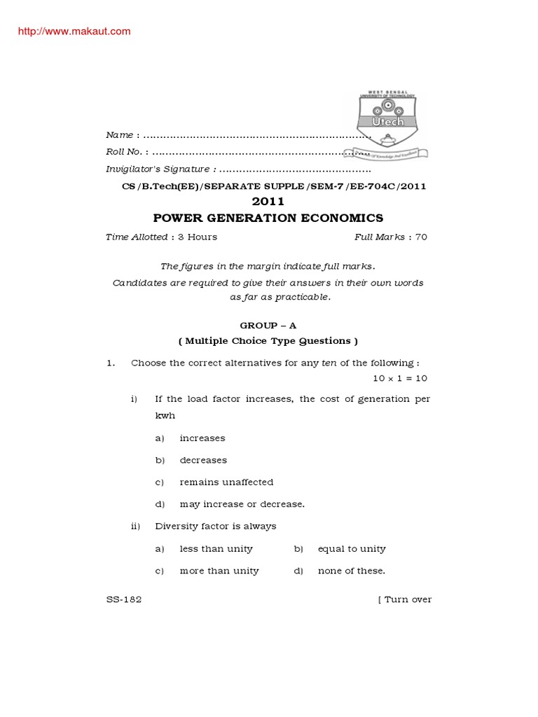 Power Generation Economics Exam Paper | PDF | Electric Power ...