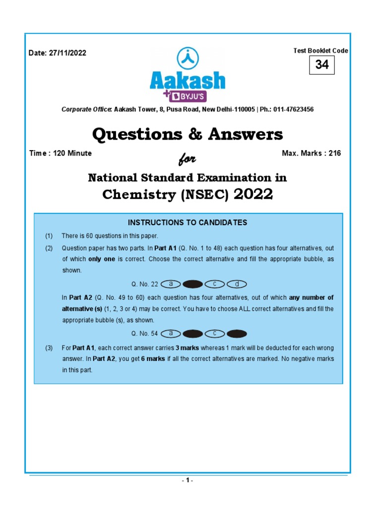 NSEC 2022 Question Paper and Solutions | PDF | Adsorption | Chemical ...