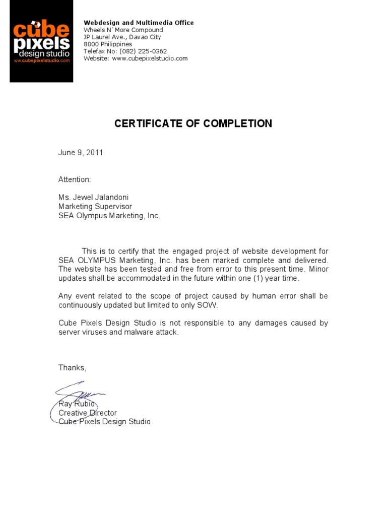 Website Development Completion Certificate | PDF