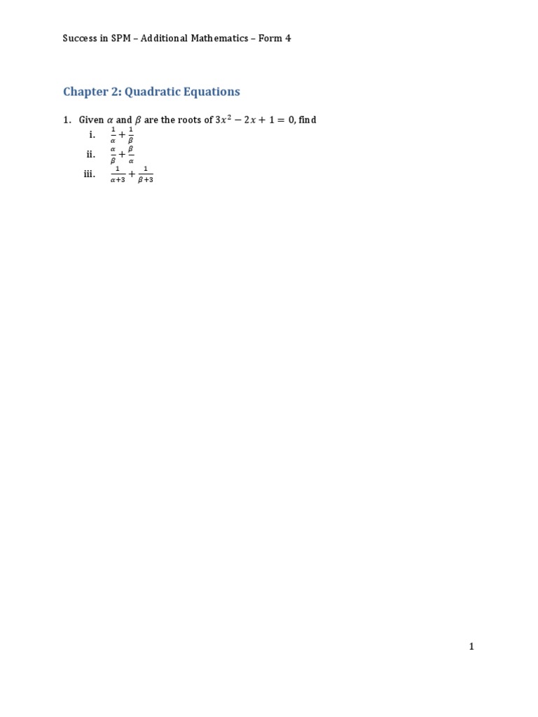 Quadratic Equations in Add Math Form 4 | PDF | Quadratic Equation ...