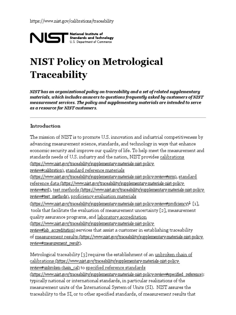 NIST Policy On Metrological Traceability NIST PDF Metrology
