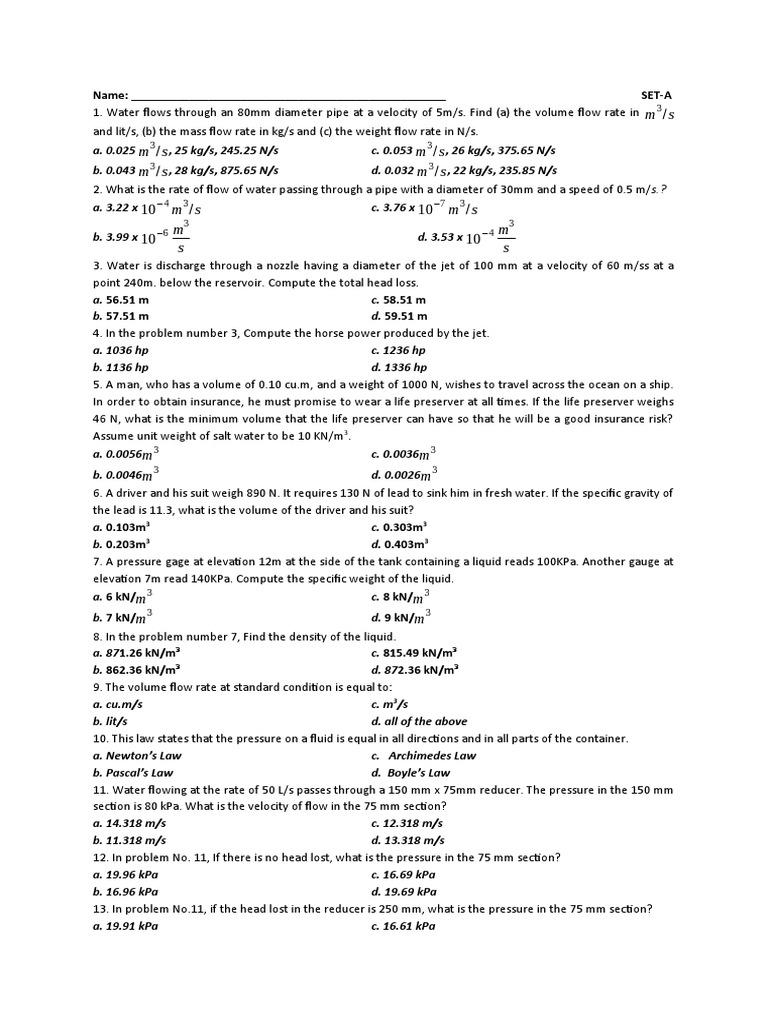Fluid Mechanics Problem Set | PDF | Pressure | Density
