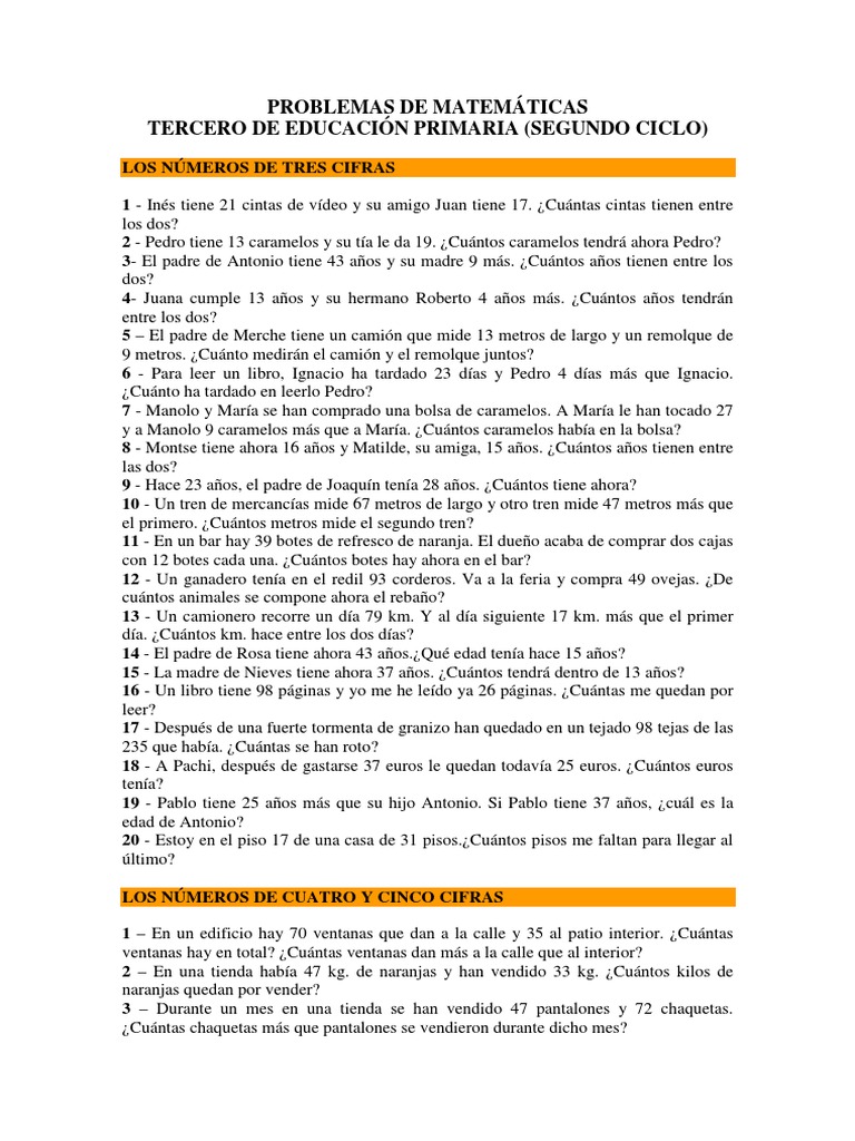 Matematicas Operaciones y Problemas - Tercero de Primaria | PDF | Litro ...