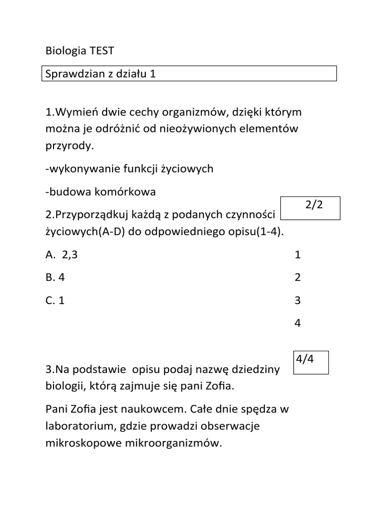 Test Z Biologi Klasa 5