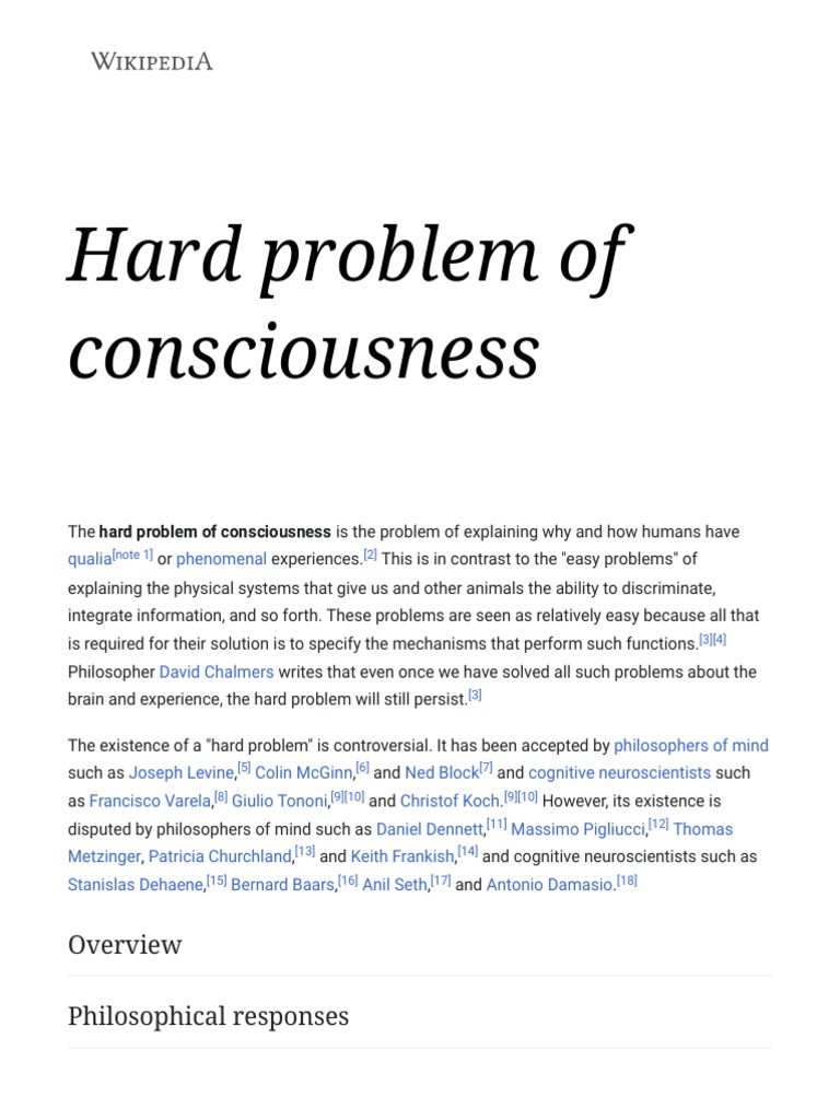 Hard Problem of Consciousness - Wikipedia | PDF | Philosophy | Self ...