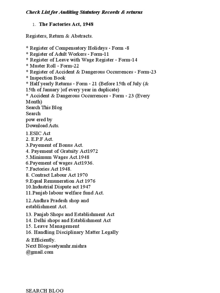 Statutory Records Audit Checklist | PDF | Gratuity | Wage