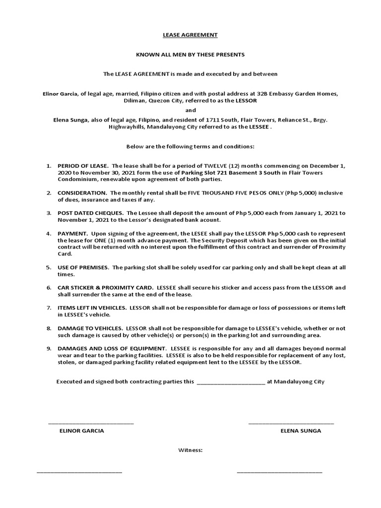 Lease Agreement For Parking In The Philippines Pdf Lease Private Law