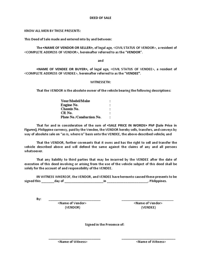 Motor Vehicle Deed of Sale Philippines PDF Deed Justice