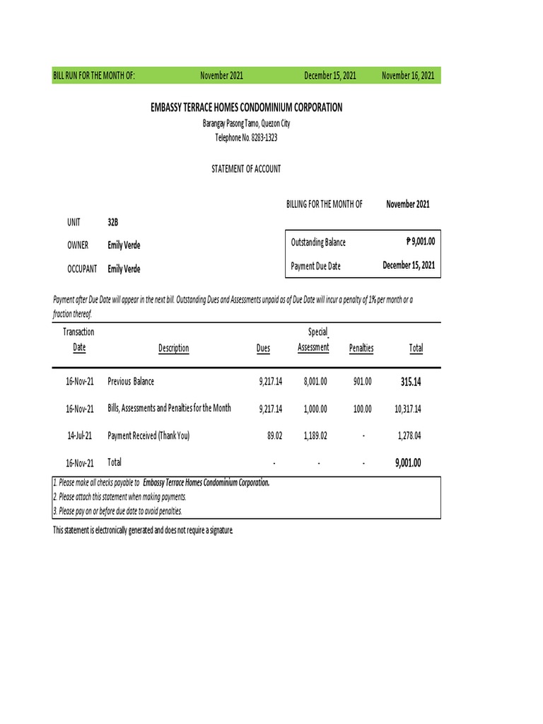 Sample Condominium Corporation Billing Statement PDF