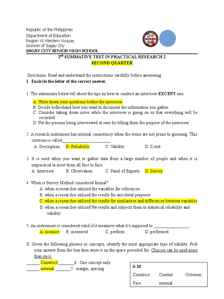 2nd Quarter 2nd St Pdf Validity Statistics Level Of Measurement