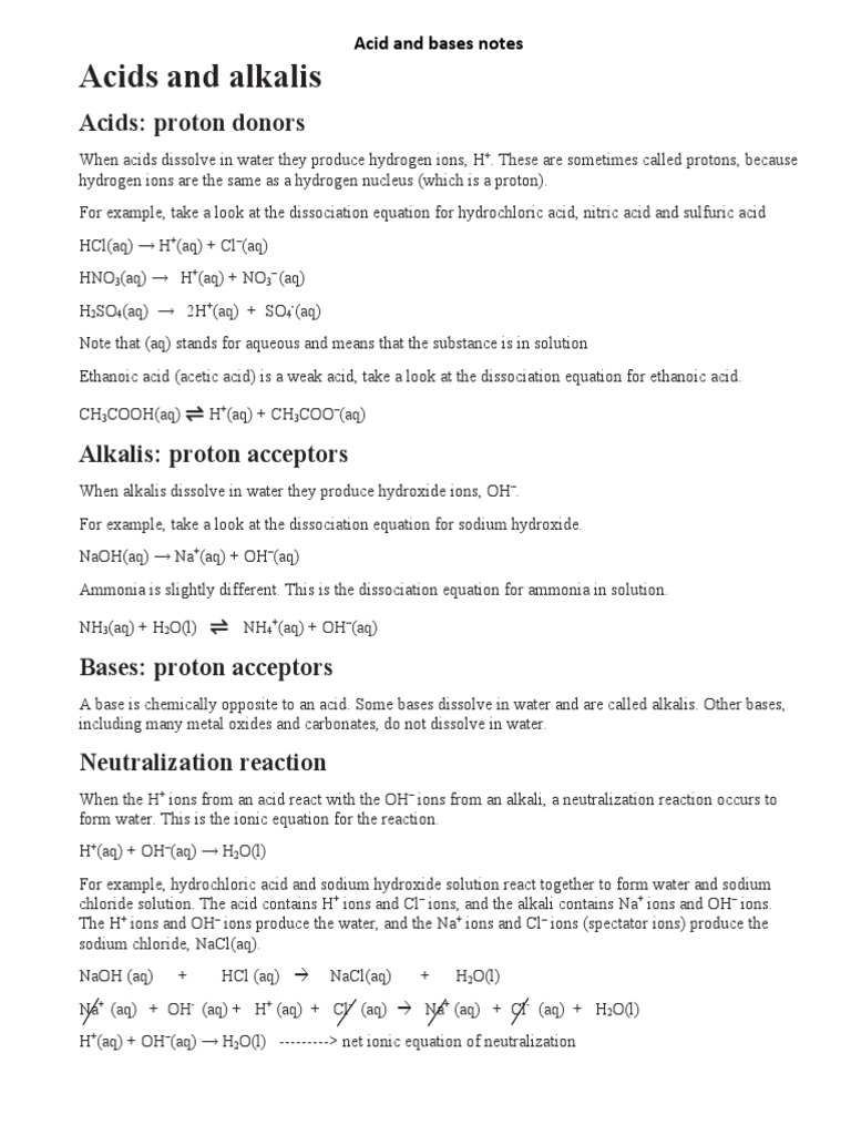 Acids and Alkalis Notes PDF Hydroxide Ph