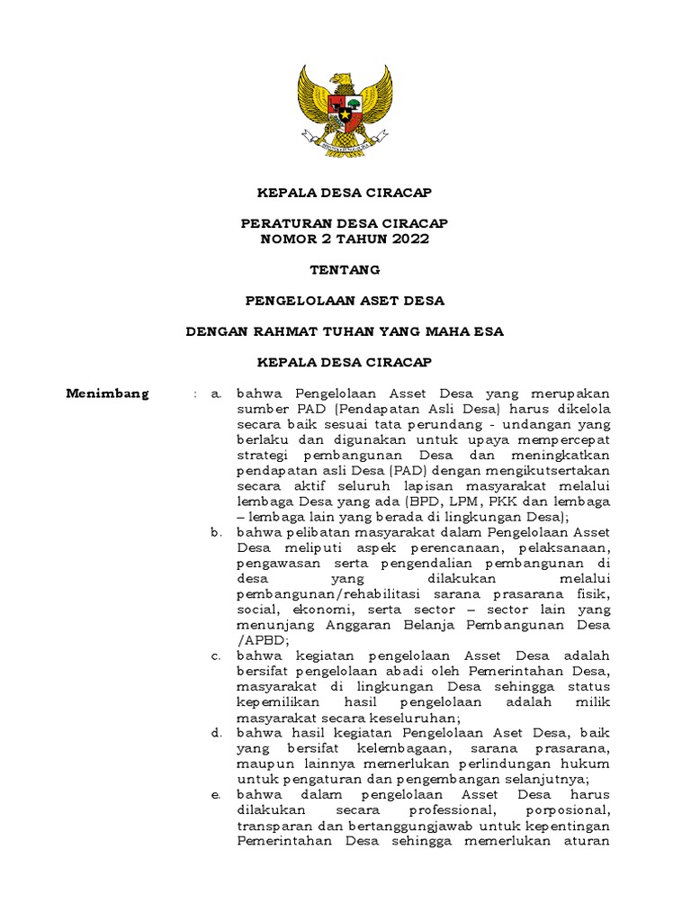 Perdes Pengelolaan Aset Desa Ciracap | PDF