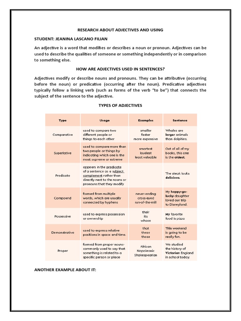 Types and Uses of Adjectives | PDF | Adjective | Noun