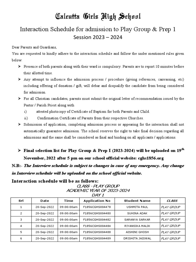 Calcutta Girls High School Admission Schedule 2023 | PDF