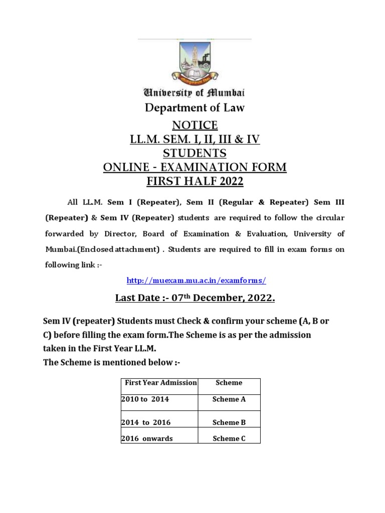 NOTICE LL.M. SEM. IIIIII IV REPEATER STUDENTS ONLINE EXAMINATION FORM