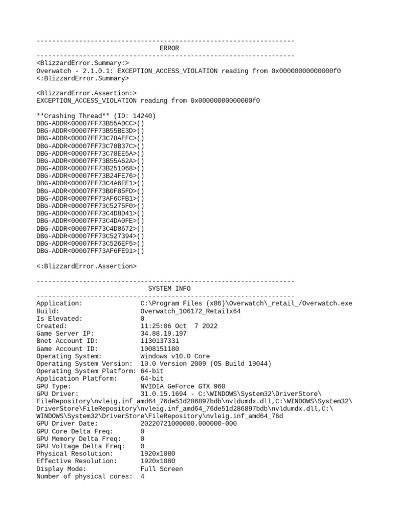 Overwatch Error Access Violation PDF Software Engineering
