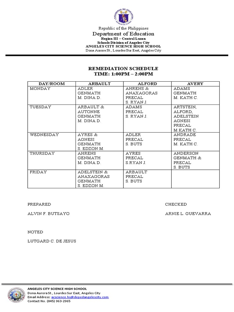 Remediation schedule for Angeles City Science High School PDF