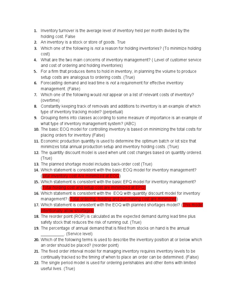 Inventory Management Concepts Quiz | PDF | Inventory | Production And ...