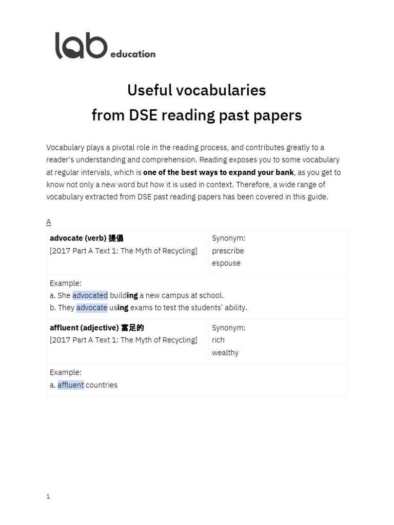 DSE Vocabulary Guide for Reading Skills | PDF | Vocabulary | Verb