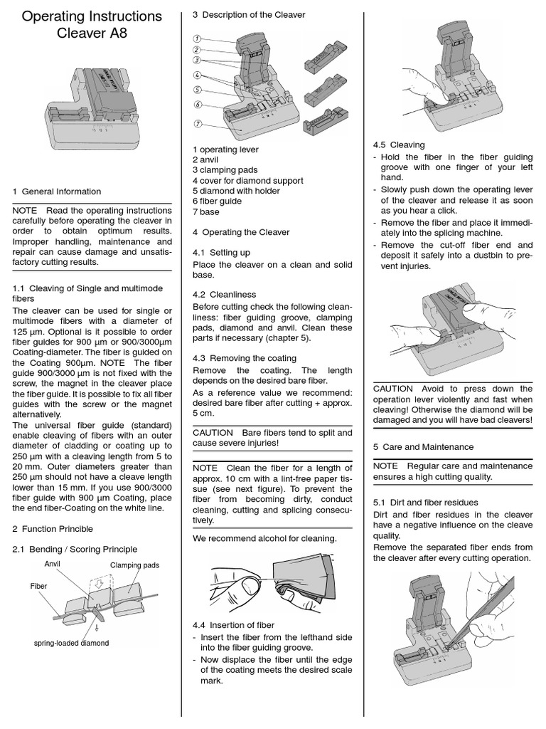 Operating Instructions Cleaver A8 | PDF | Optical Fiber | Tools