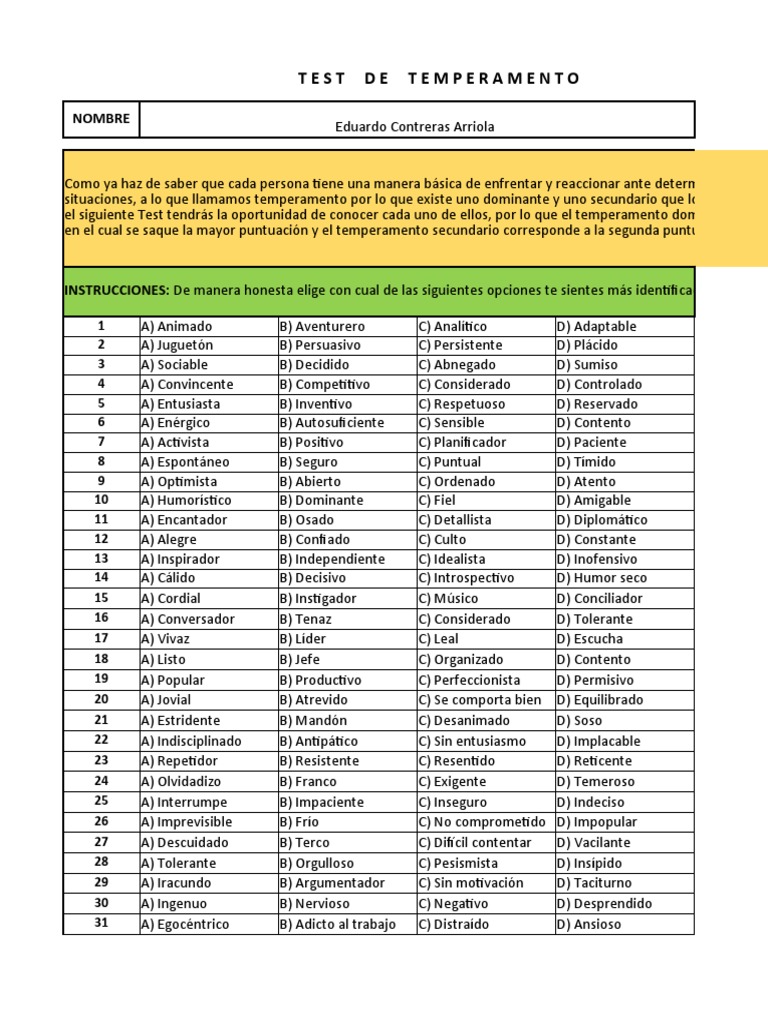 Test De Temperamento PDF Temperamento Desarrollo Humano