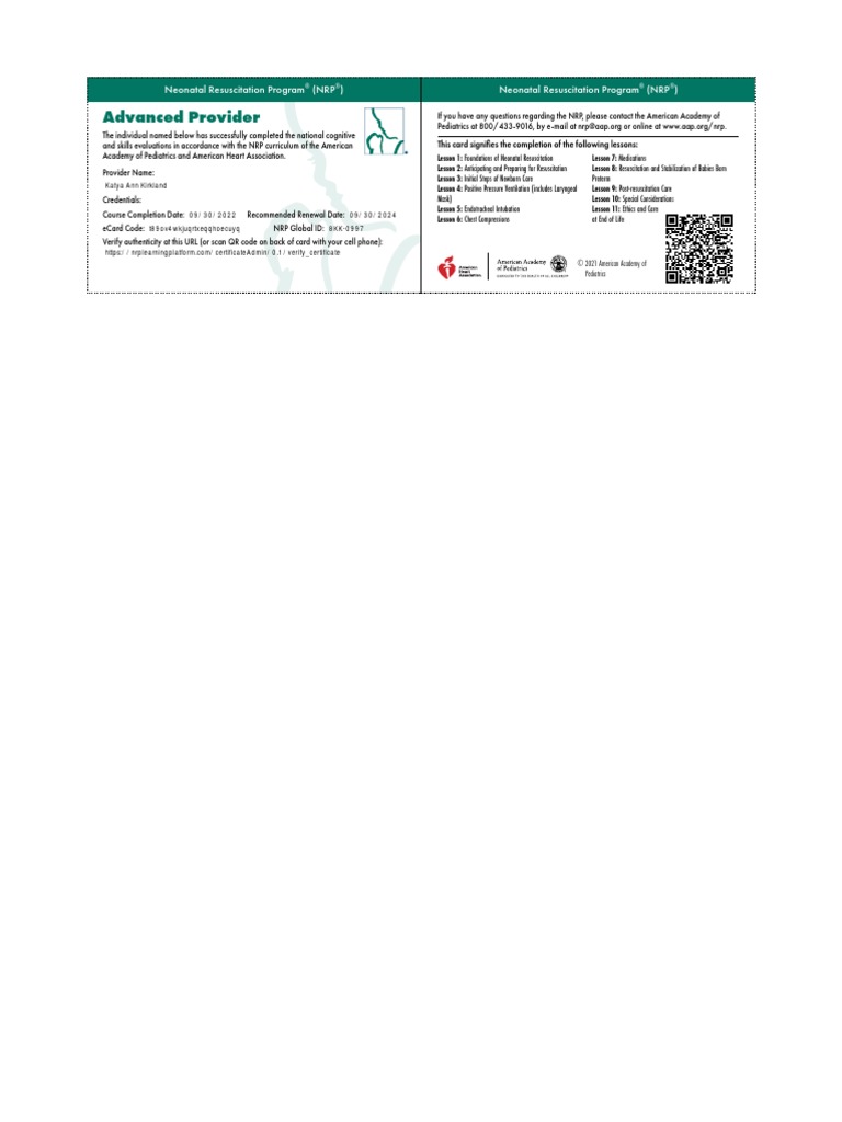 NRP 8th Edition Advanced 1-11 Provider Curriculum Ecard Katya Kirkland ...