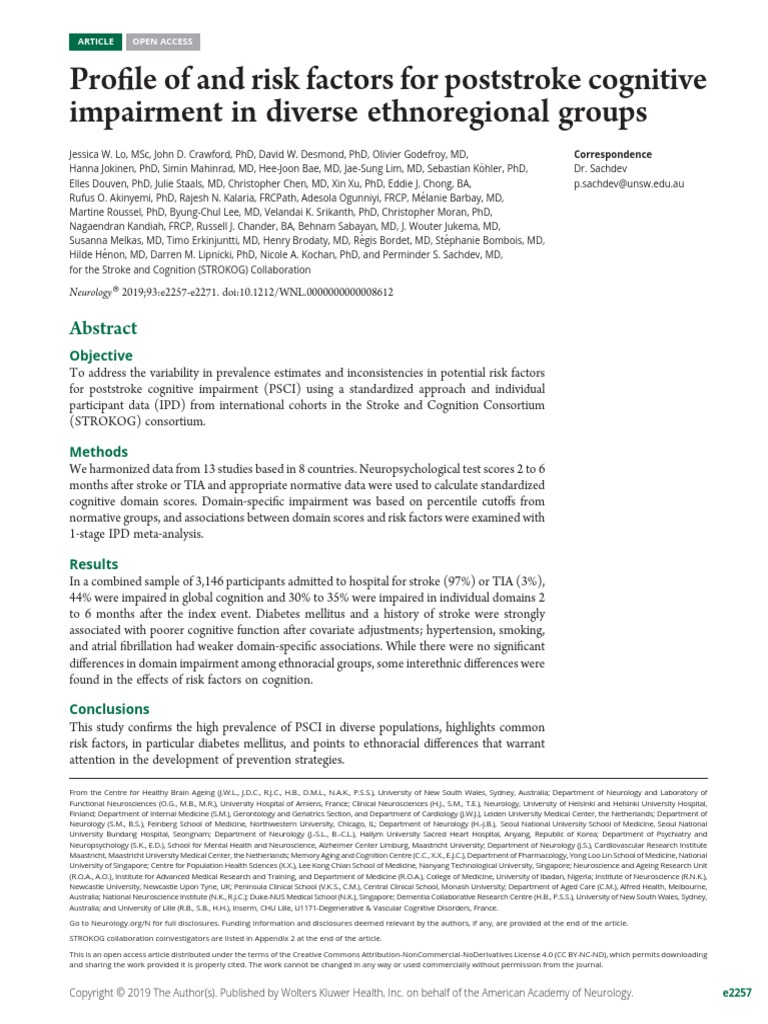 Profile of and Risk Factors For Poststroke Cognitive | PDF | Dementia ...