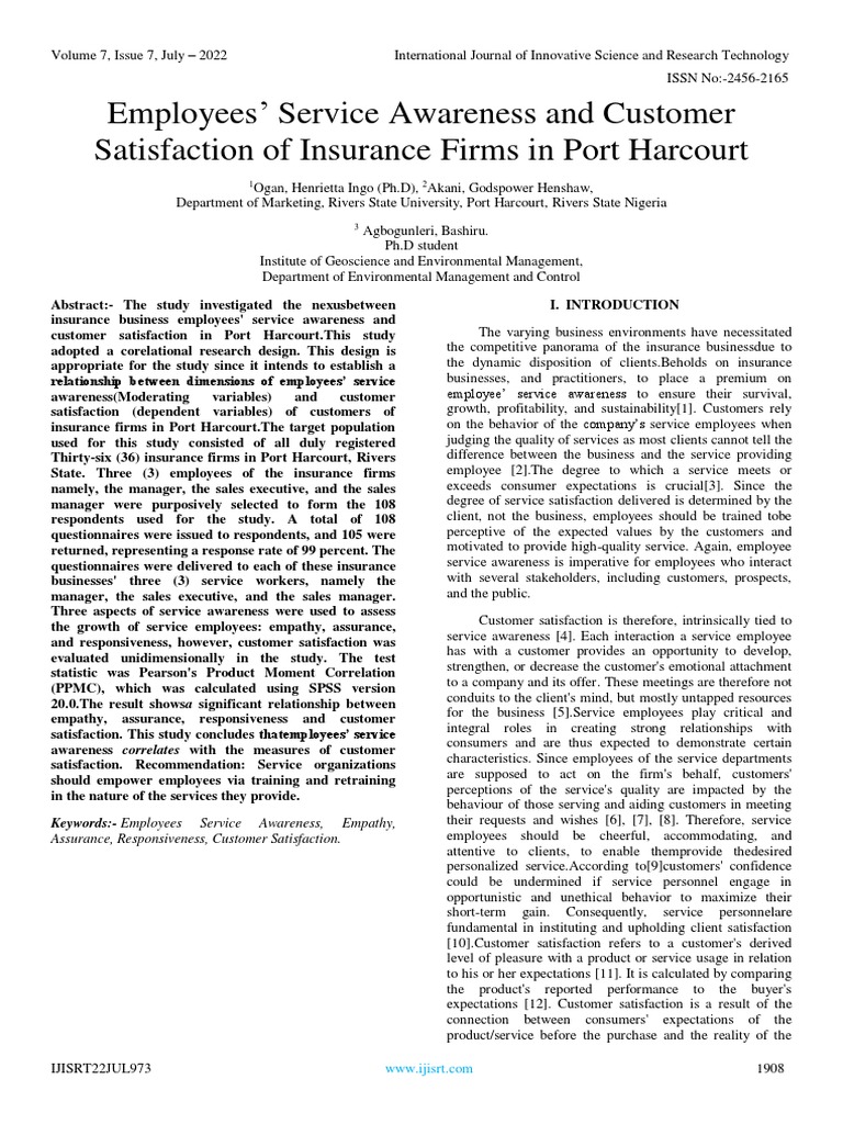 Employees' Service Awareness and Customer Satisfaction of Insurance Firms in Port Harcourt PDF