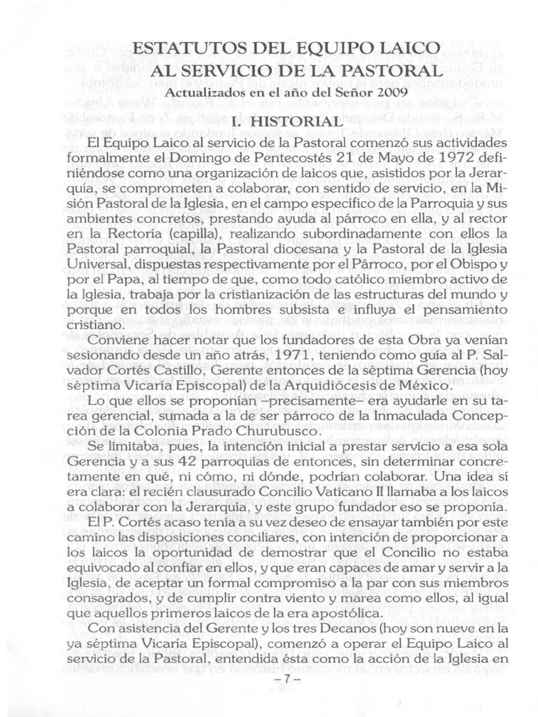 Estatutos Del Equipo Laico Al Servicio de La Pastoral Historial PDF Iglesia Católica obispo