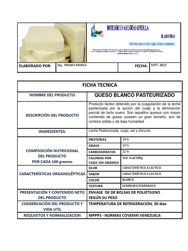 Ficha Tecnica Queso Blanco Pasteurizado PDF Leche Queso