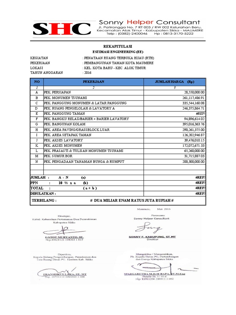 Estimasi Biaya Pembangunan Taman Maumere | PDF