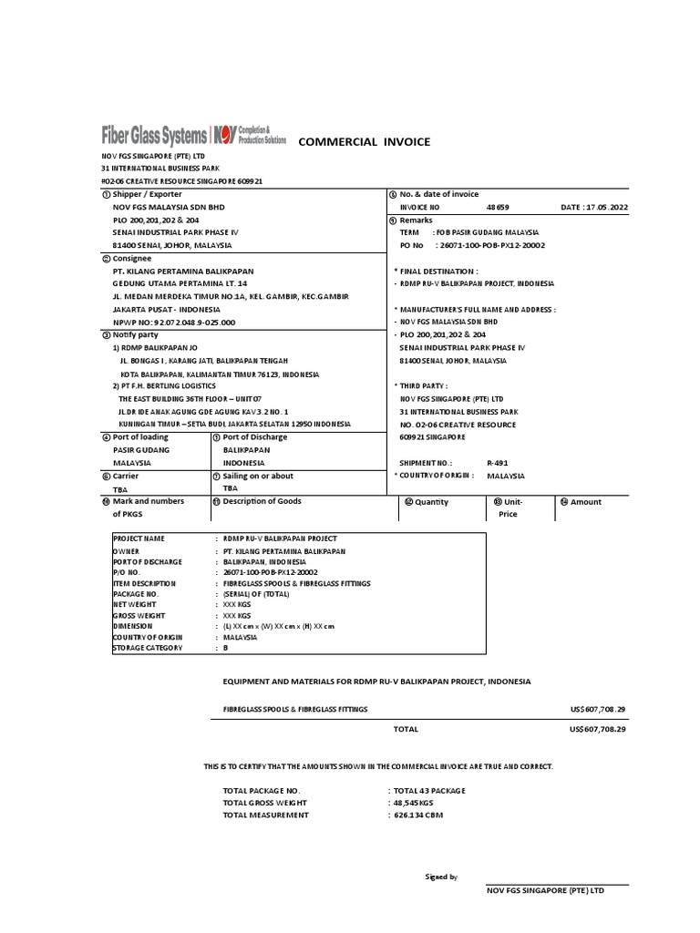 Commercial Invoice for Fibreglass Spools & Fittings | PDF | Epoxy ...