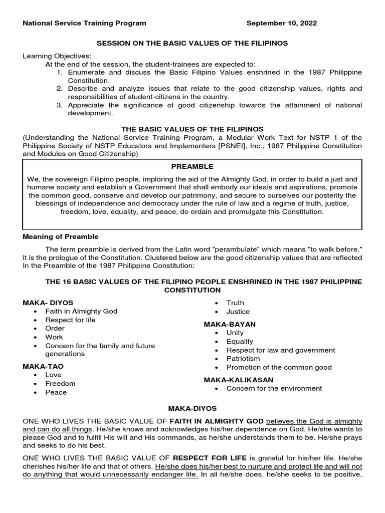 Basic Filipino Values in NSTP Program | PDF | World Health Organization ...