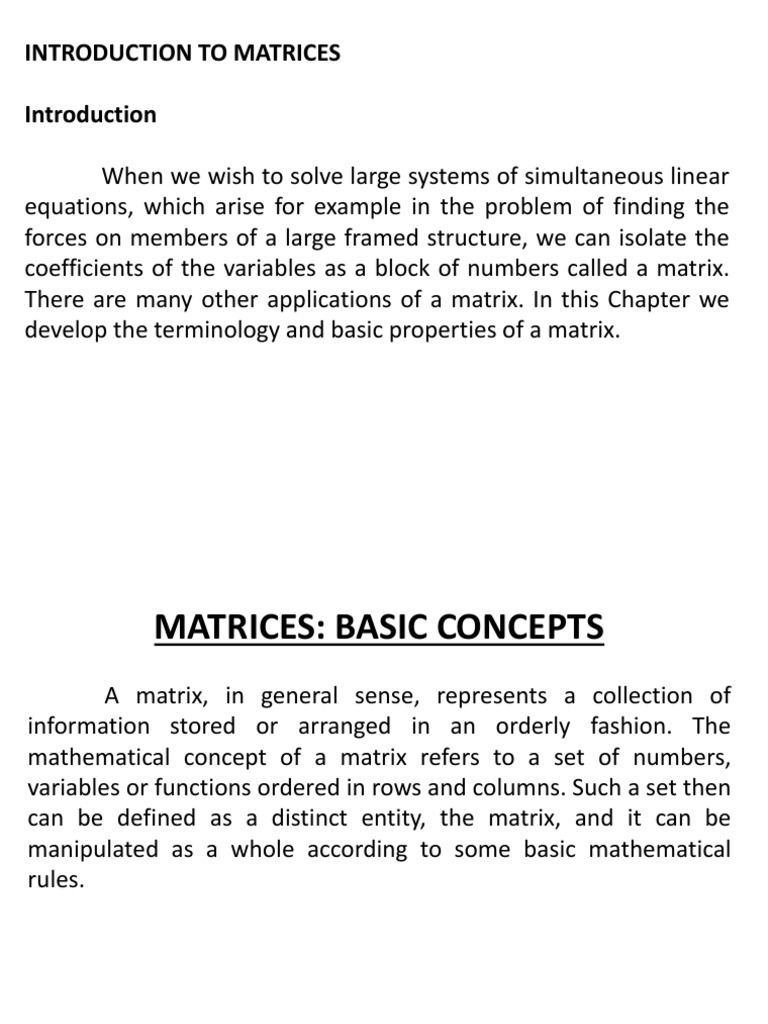 Matrices Basic Concepts PDF Matrix (Mathematics) Linear Algebra