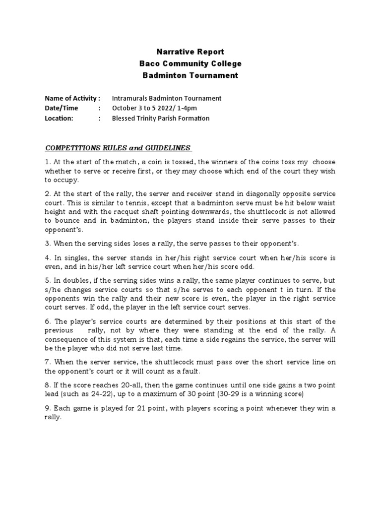 Baco Community College Badminton Tournament Report | PDF | Summer ...
