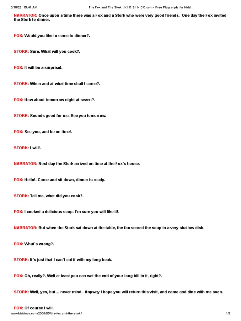 The Fox and The Stork K I D S I N CO Com Free Playscripts For