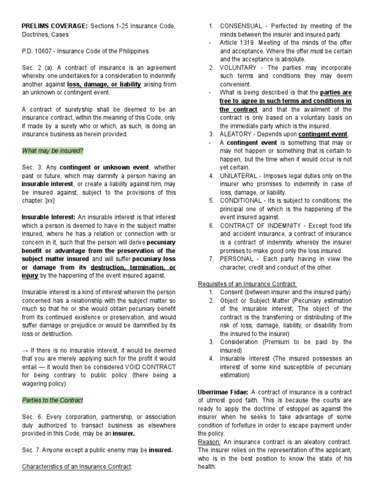 Insurance Law Reviewer PRELIMS | PDF | Insurance | Liability Insurance