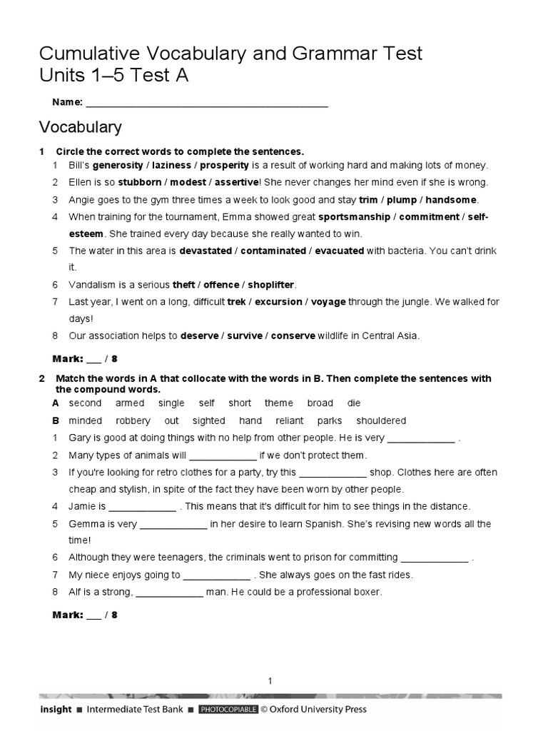 Cumulative Vocabulary & Grammar Test A | PDF | Linguistics