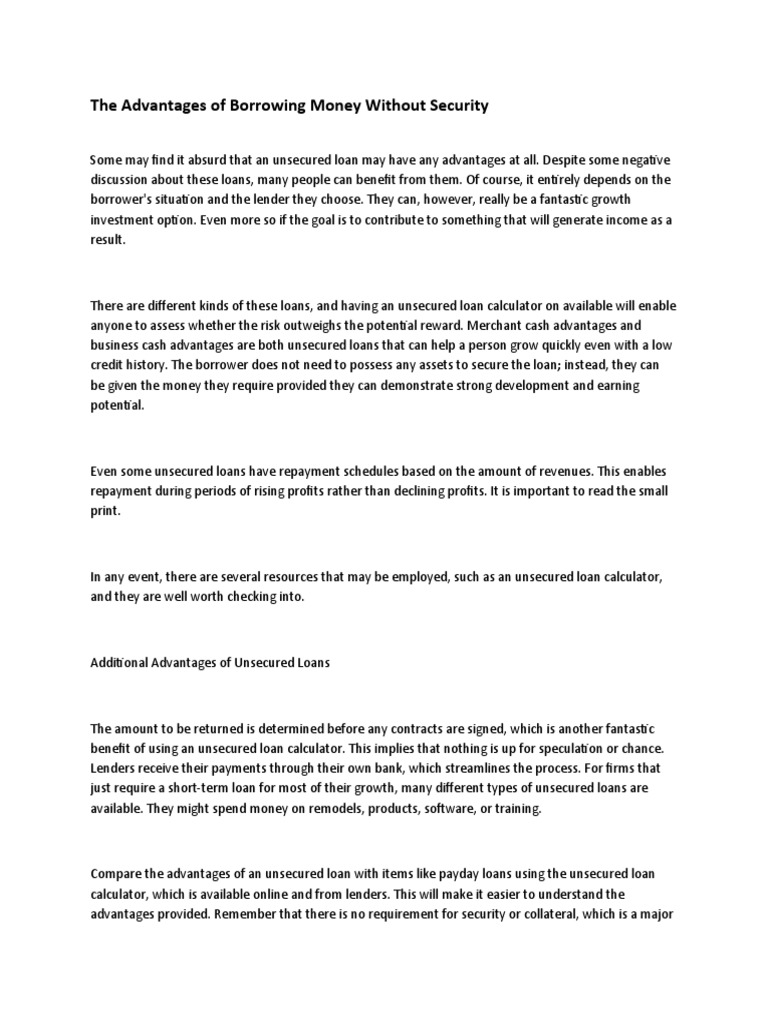 The Advantages of Borrowing Money Without Security PDF