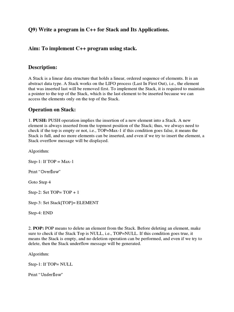 Q9) Write A Program in C++ For Stack and Its Applications | PDF ...