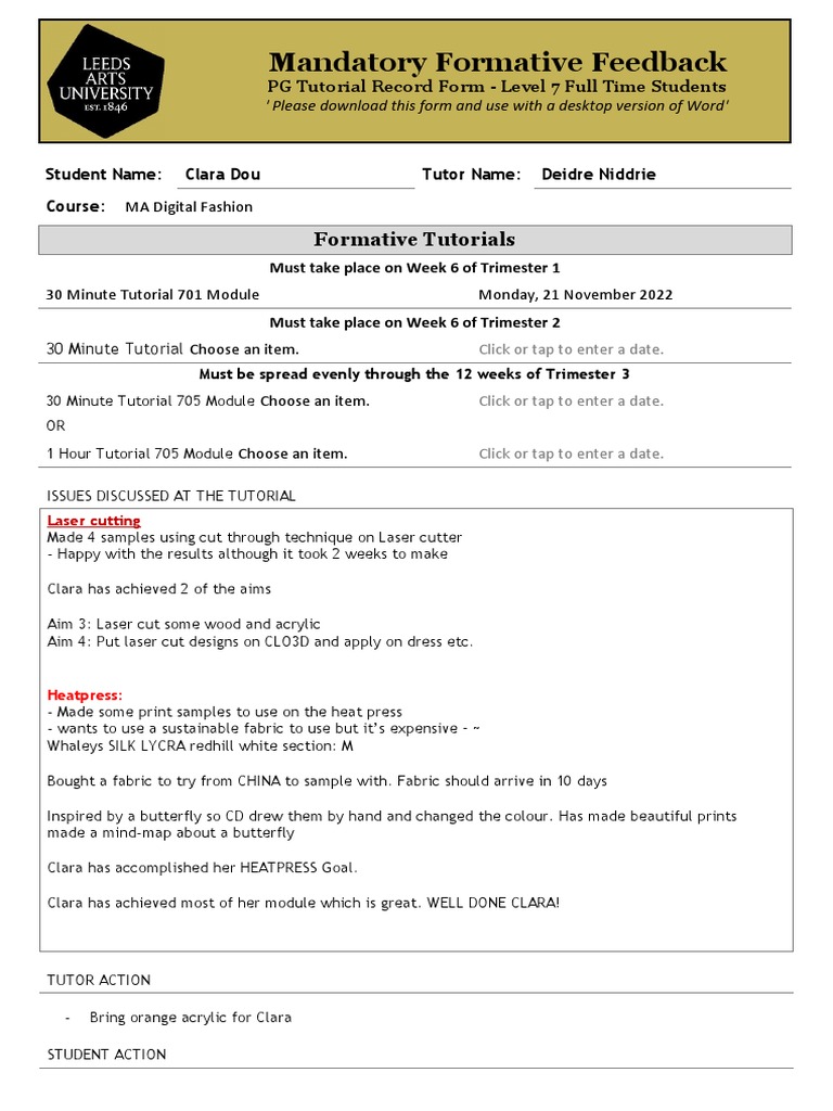 PG Tutorial Record Form - Clara Dou - 21 Nov | PDF