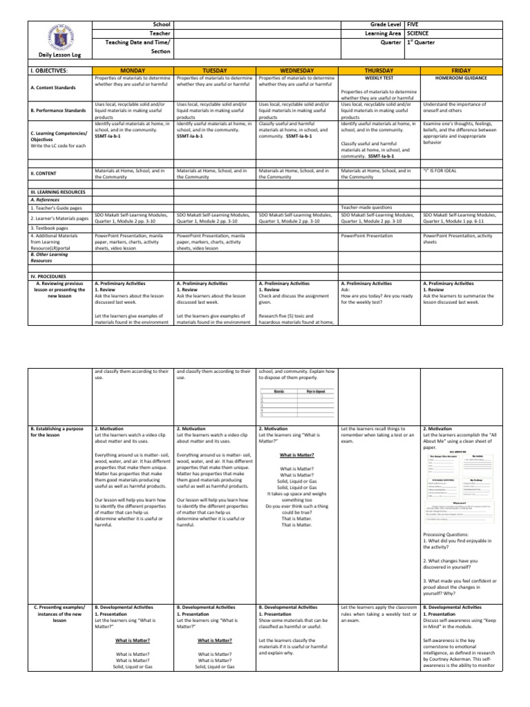 Grade 5 Science Daily Lesson Plan | PDF | Learning | Matter