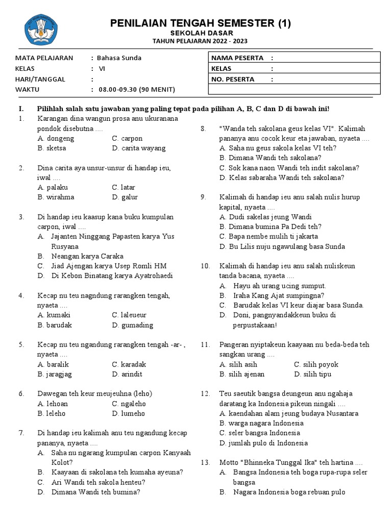 Soal Pts Bahasa Sunda Kelas 6 Sem 1 Pdf