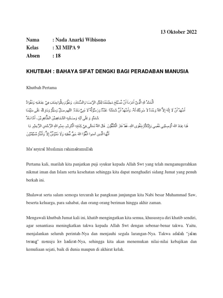 KhutbahBahaya Sifat Dengki Bagi Peradaban Manusia PDF