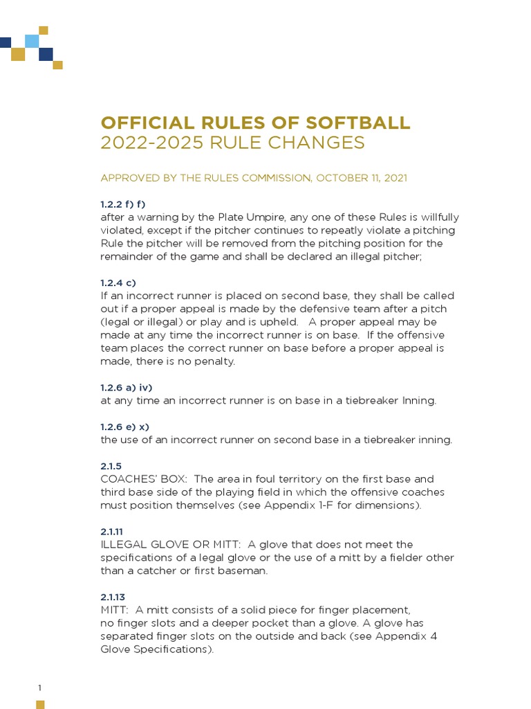 Official Rules of Softball 20222025 RULE CHANGES PDF Softball